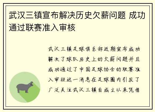 武汉三镇宣布解决历史欠薪问题 成功通过联赛准入审核